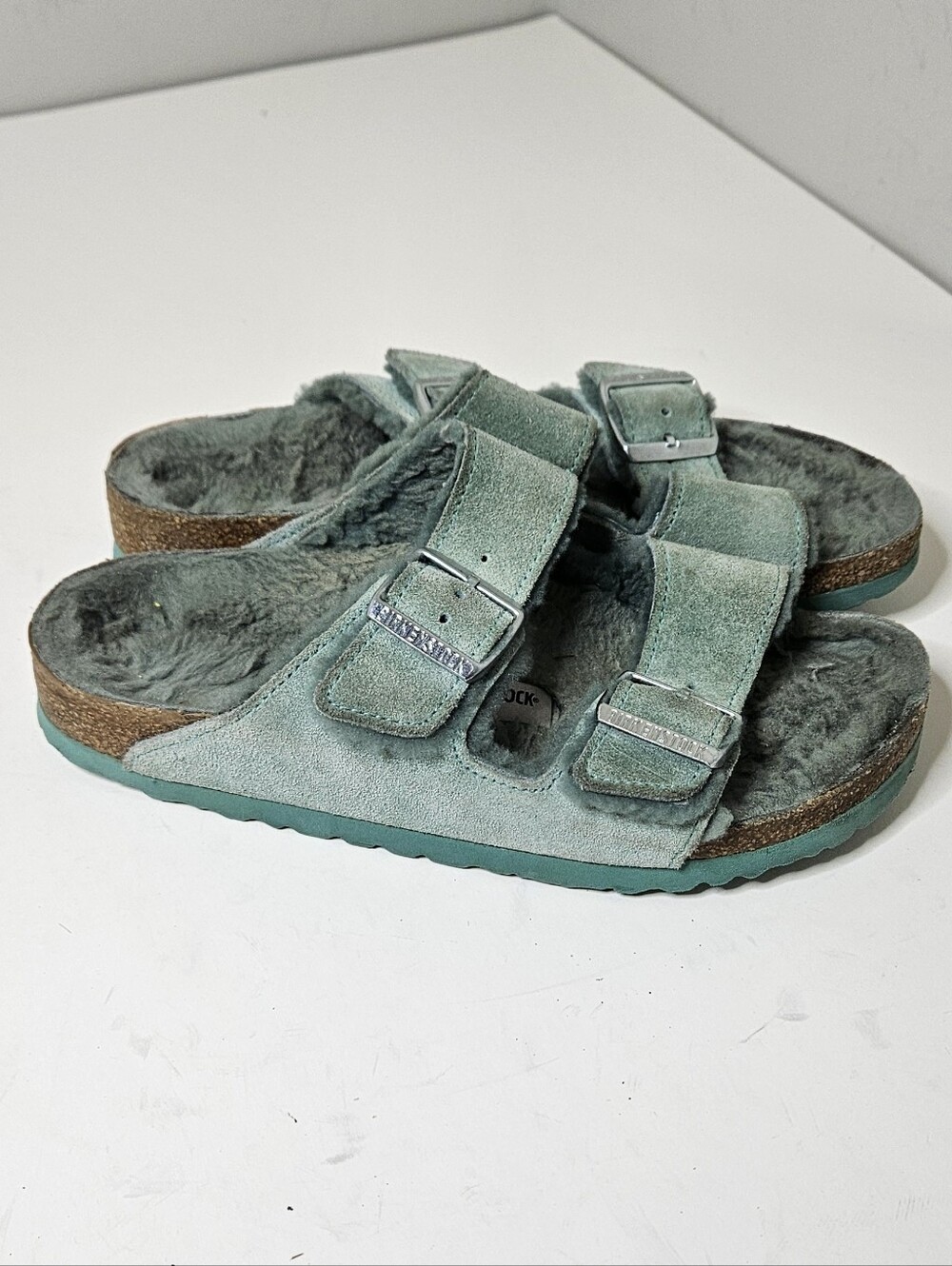 Birkenstock Arizona Shearling Sandals Beryl Teal Fur Lined Suede Cork Soles 38 7